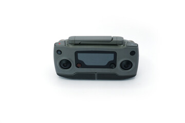 Drone Remote Controller with Antennas, Sticks, Display, and Phone Mount on White Background