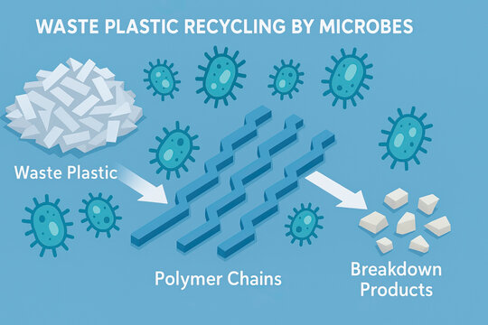 Waste plastic polymer chains being broken down by microbes into small breakdown products in blue infographic showing waste plastic, microbes, polymer chains and fragments