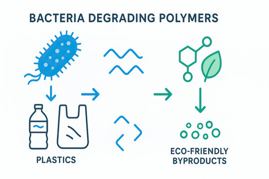 Bacteria degrading polymers plastic bottle and bag broken into molecular fragments then converted into eco friendly byproducts with leaf and molecule symbol, sustainable biodegradation process