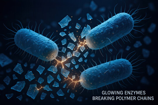 Glowing enzyme bacteria breaking polymer chain with illuminated molecular fragments and microscopic texture, scientific visualization of biodegradation