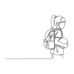 Young girl with backpack and ball in continuous line art
