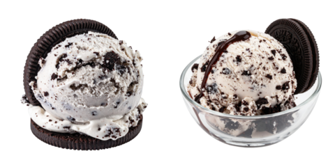 Cookies And Cream Ice Cream Scoops Isolated Against Transparent Background with Dark Chocolate Syrup and Biscuits Close-Up