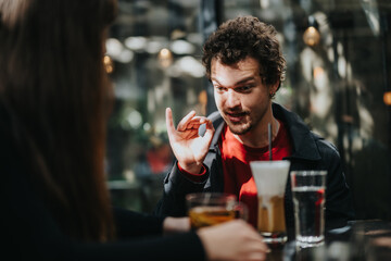 A lively discussion between friends at a cafe featuring expressive gestures and good drinks.