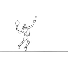 Tennis player serving ball during match, line art illustration