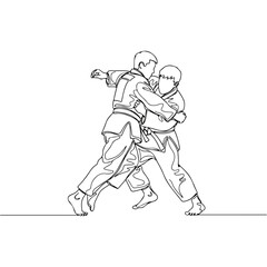 Two judo athletes practicing throws in a continuous line art style