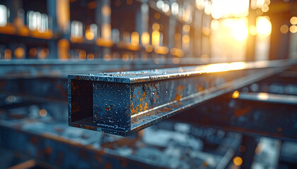 Steel Beams Industrial Scene: The scene showcases a close-up of steel beams, highlighted by the warm glow of the setting sun, in a factory environment. It's a visual feast of textures and colors.