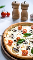 Close-up of a white pizza with toppings