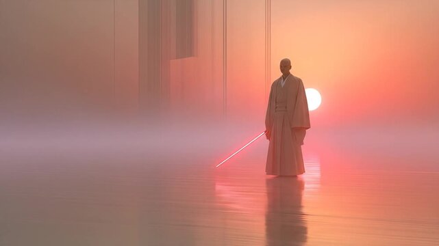 Figure in robe stands holding light saber before a vibrant sunset horizon