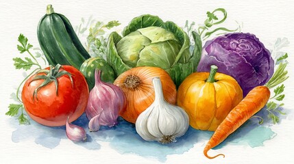 Watercolor artwork of vegetables like tomato, zucchini, cabbage, broccoli, carrot, garlic, onion, and squash, hand-painted style 