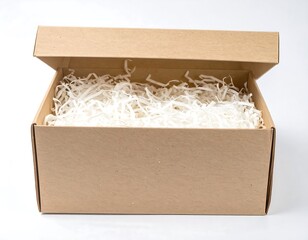 Open cardboard box filled with packing paper