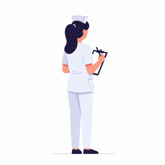Female nurse in white uniform holding a clipboard, seen from behind. Professional healthcare worker illustration.