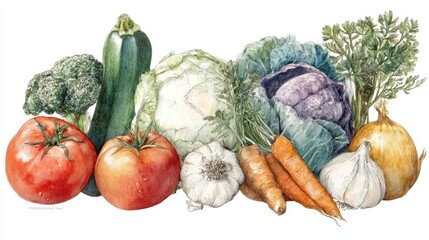 Watercolor artwork of vegetables like tomato, zucchini, cabbage, broccoli, carrot, garlic, onion, and squash, hand-painted style 
