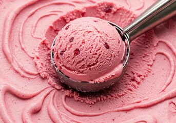 A perfect scoop of creamy pink strawberry ice cream being served.