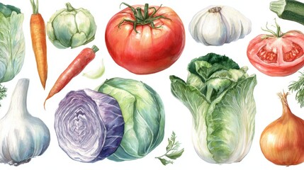 Watercolor artwork of vegetables like tomato, zucchini, cabbage, broccoli, carrot, garlic, onion, and squash, hand-painted style 