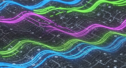 Abstract wavy neon lines flowing on a textured dark surface with intricate patterns enhancing visual depth and intrigue