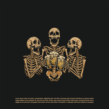 Hand drawn three skeleton drinking beer and cheering each other 