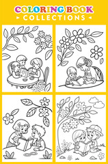 Fototapeta premium A Childrens Coloring Book Showcases Kids Reading Together In Nature Scenes