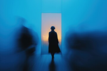 Fototapeta premium Single person walking toward glass exit framed by fast-moving blurred silhouettes