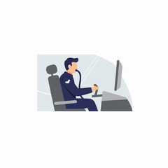 Flat design illustration of a pilot in uniform operating controls and looking at a screen in a cockpit setting.