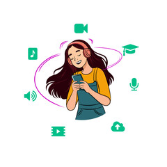 Happy Young Woman Listening to Music and E-learning via Smartphone. Concept of Digital Media Consumption and Entertainment