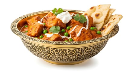 Delicious paneer tikka masala served in an ornate golden bowl with naan bread
