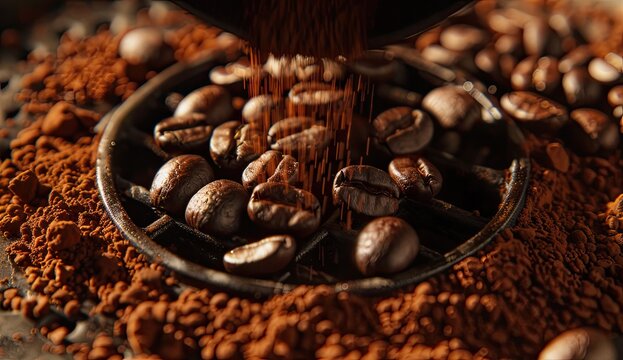 Coffee beans falling into grinder; for cafe, menu, breakfast, powder background