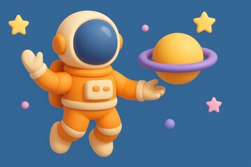 Naklejka premium Cute orange astronaut floating in cosmic space with a ringed planet and stars