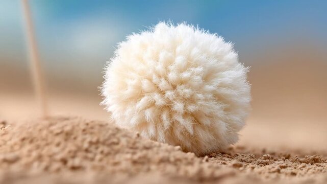Close up of a fluffy white pom pom on a blurred textured background