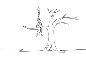 Single one line drawing giraffe sitting on a big dry tree branch. Loss of natural habitat. Climate change is too extreme. National Endangered Species Day. Continuous line design graphic illustration