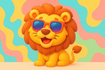 Naklejka premium Charming cartoon lion character wearing cool sunglasses against a colorful abstract background