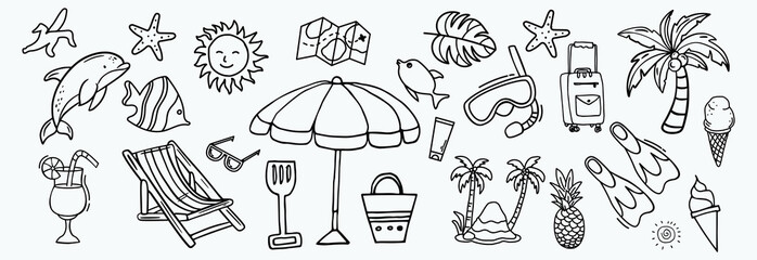 Hand drawn summer doodles, beach party, vacation and travel doodle elements. Tropical leaves, fruits and cocktails sketches, cute summertime line stickers vector set