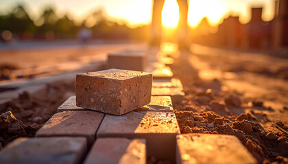 Bricklaying at Sunset: A line of meticulously laid bricks under the golden rays of a setting sun, epitomizing the essence of construction and progress. The warm light casts long shadows.
