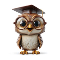 Adorable cartoon owl wearing graduation cap and glasses standing proudly isolated on white background