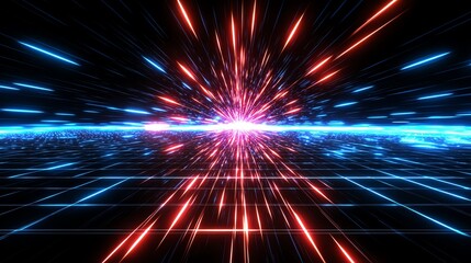 Obraz premium A dynamic visualization of vibrant red and blue lights bursting into motion, creating an energetic atmosphere reminiscent of futuristic technology and digital innovation.