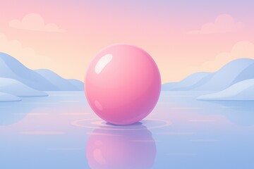 Glossy pink sphere on tranquil water surface reflecting pastel sky and distant hills