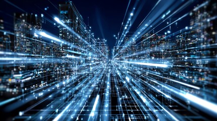 Obraz premium A futuristic representation of digital connectivity, showcasing vibrant beams of light illustrating data flow through an urban landscape