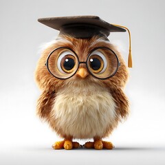 Adorable fluffy owl wearing graduation cap and round glasses isolated on white background