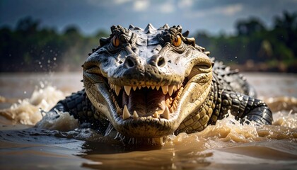 Obraz premium Fierce Alligator in River Wildlife with Reptile, Predator, and Closeup.
