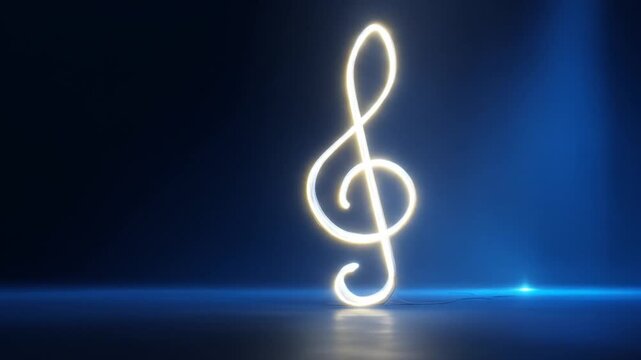 Glowing treble clef symbol illuminated on dark blue background