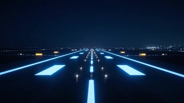 Realistic futuristic airport runway glowing at night