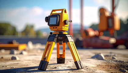 Precise Surveying: A close-up view of a yellow surveying theodolite, meticulously positioned on a tripod amid the industrial landscape.