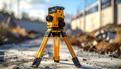 Precise Surveying Instrument: A meticulously crafted yellow surveying instrument stands proudly on its tripod, offering an intriguing perspective on the precision of construction and engineering.