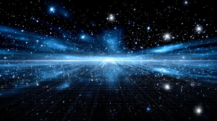 Obraz premium A mesmerizing view of the cosmos, showcasing vibrant blue rays and shimmering stars against a deep black space. This image captures the beauty and mystery of the universe.