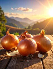 Fresh onions on rustic wooden table