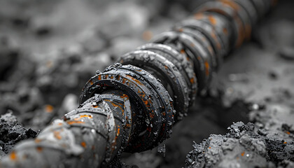 Industrial Steel Reinforcement: Detailed macro shot of industrial steel reinforcement, showcasing the intricate texture, strength, and potential applications in construction.