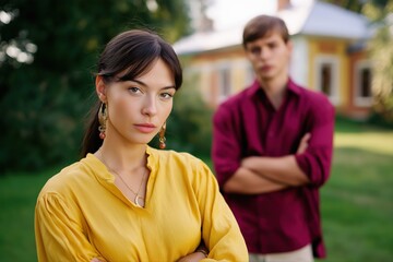 Obraz premium Young caucasian couple in tense outdoor setting with yellow and red outfits