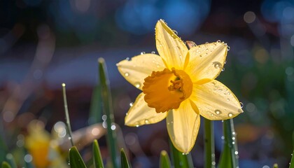 Close-up of a vibrant yellow daffodil with dew drops