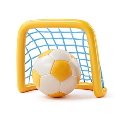 Bright yellow inflatable soccer goal with a classic black and white soccer ball inside isolated on white background