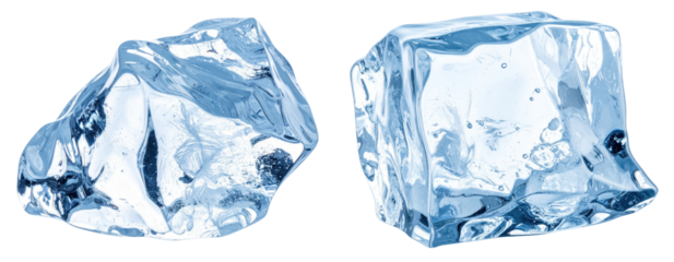 Two Pieces Of Glacier Ice Showing Blue And Transparent Texture Isolated On White Background