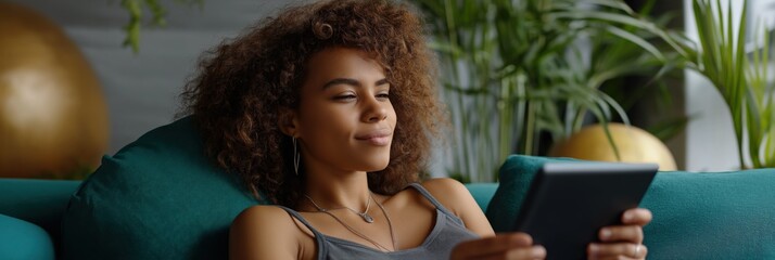 Young african female relaxing on couch reading a tablet in cozy home environment